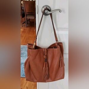 Vince Camuto Riley Brown Soft Pebbled Genuine Leather Shoulder Bag Tote.